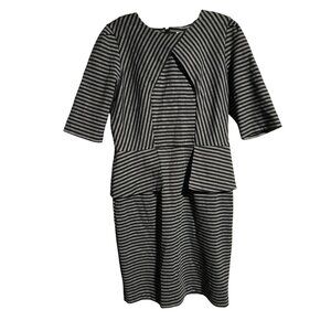 Olivia Matthews Black & Gray Striped Peplum Sheath Dress Womens M 10 Knee Length